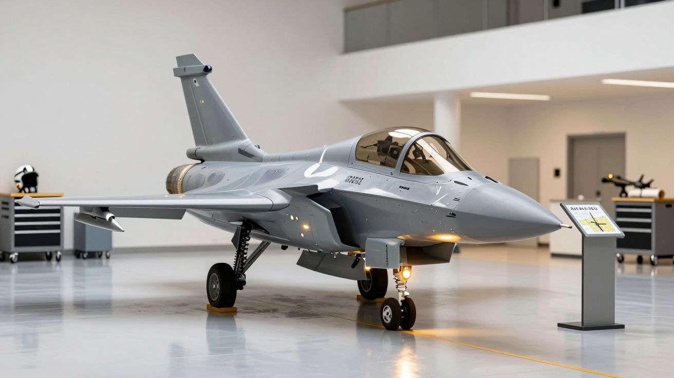 Caza militar gris expuesto en un hangar moderno con un cartel a su lado.