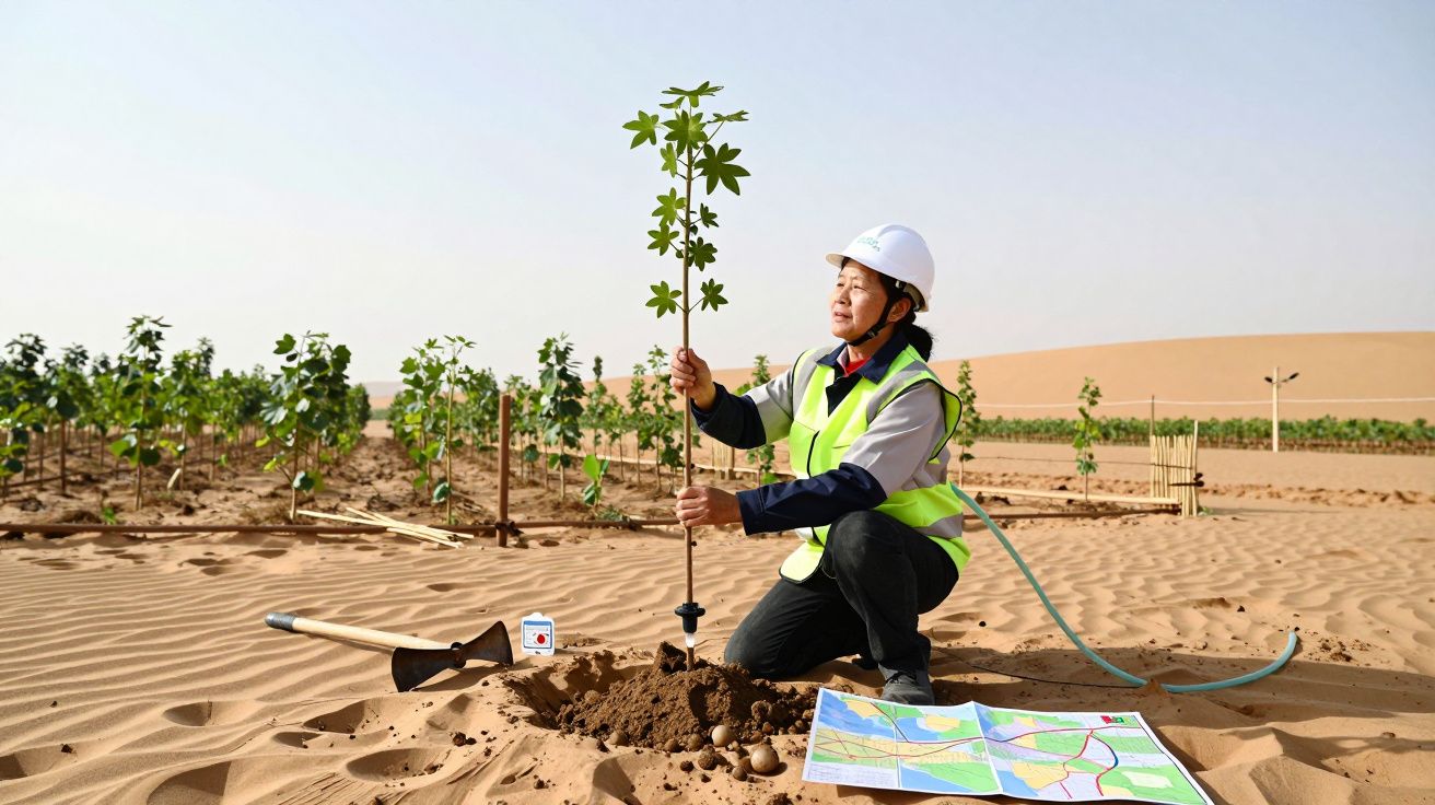 Persona plantando un árbol joven en el desierto, usando casco y chaleco. Herramientas y plano en la arena.