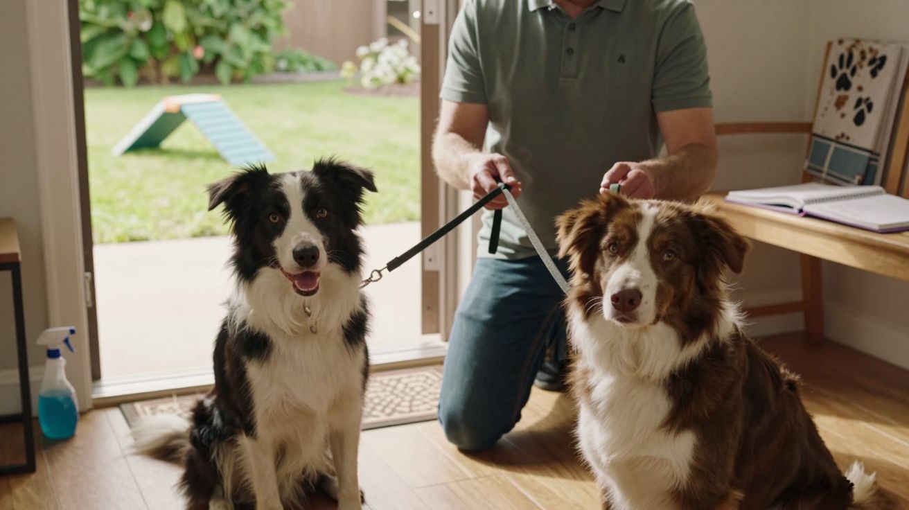 Hombre sujetando las correas de dos perros sentados en una sala con jardín al fondo.