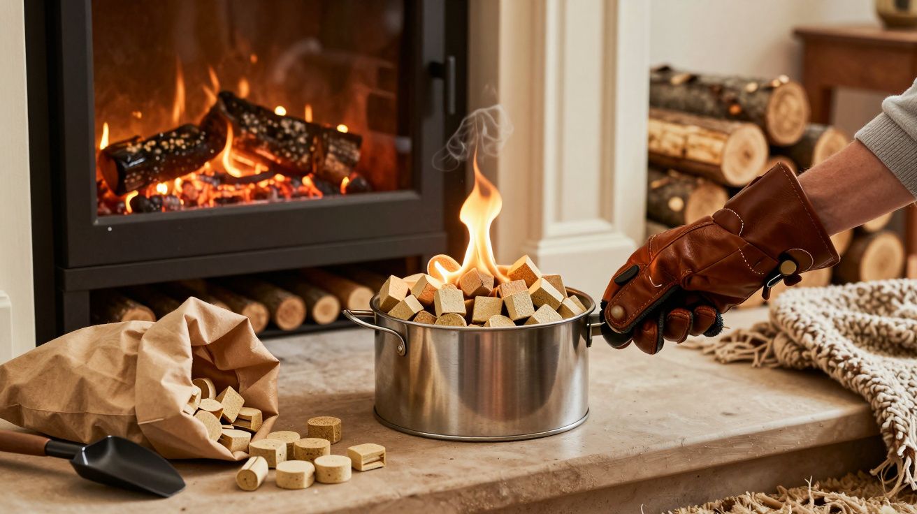 Hombre con guante sostiene una olla con corchos ardiendo frente a una chimenea encendida, leña apilada al fondo.
