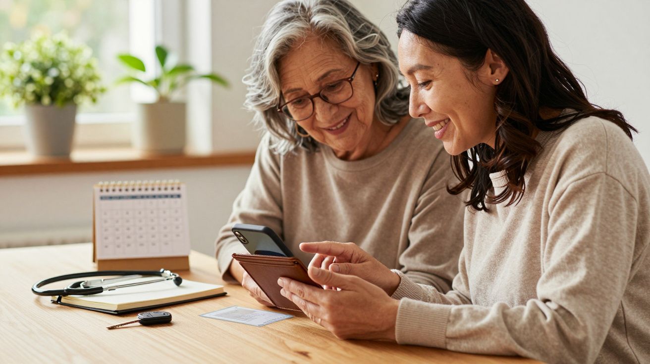 Mujeres maduras sonríen mientras miran un móvil en una mesa de madera. Hay un calendario y plantas al fondo.