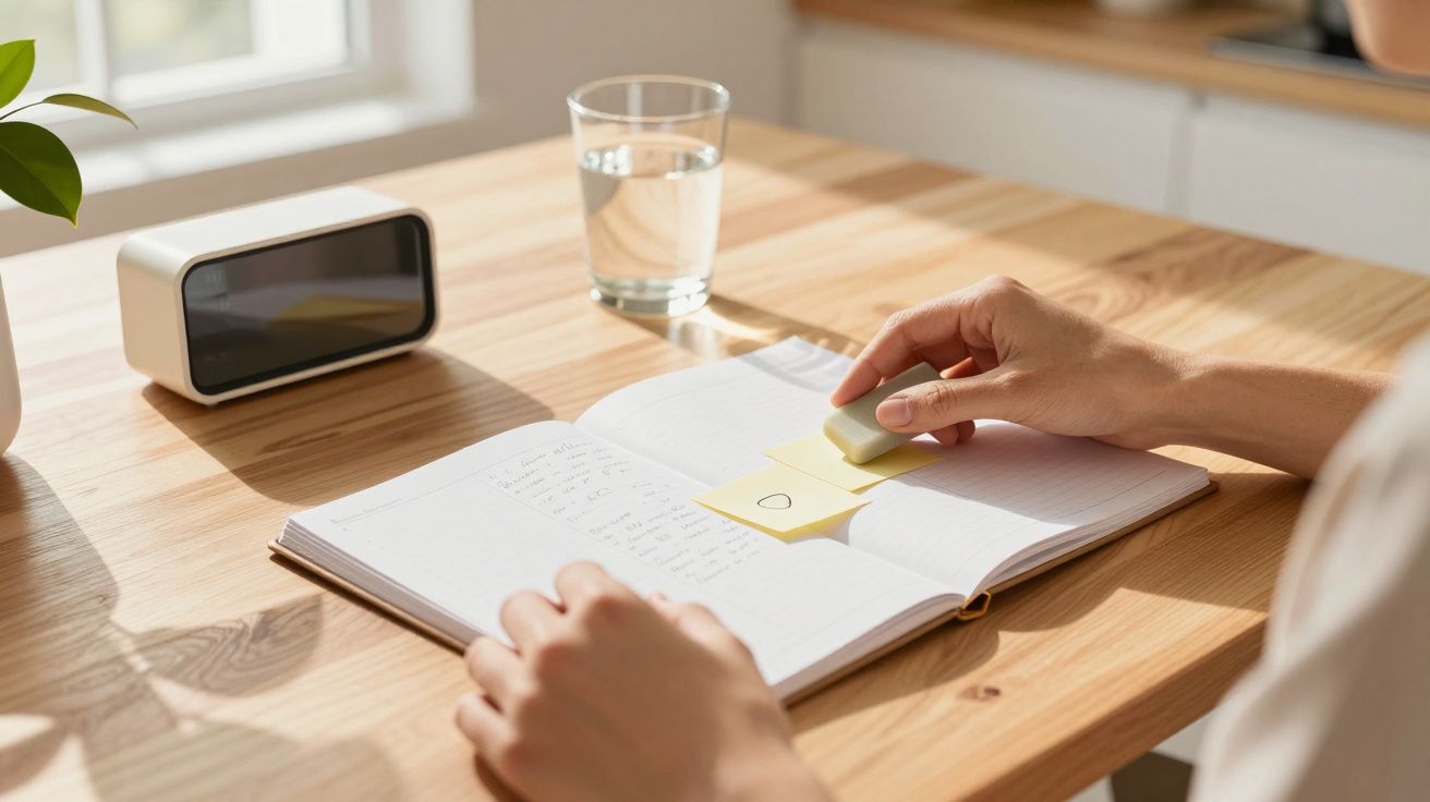 Persona escribiendo notas en un cuaderno en un escritorio de madera, con un vaso de agua y reloj al fondo.