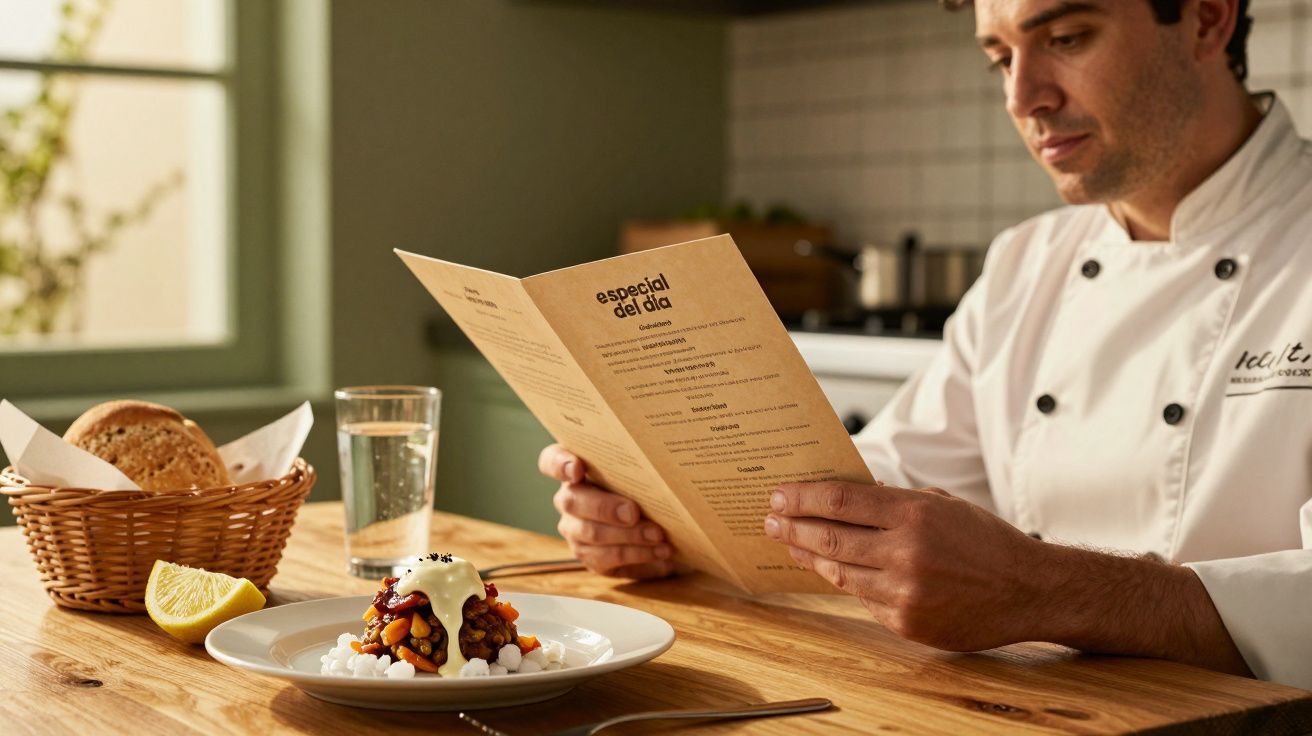 Chef leyendo un menú en una cocina, con un plato de comida, pan y limón sobre la mesa de madera.