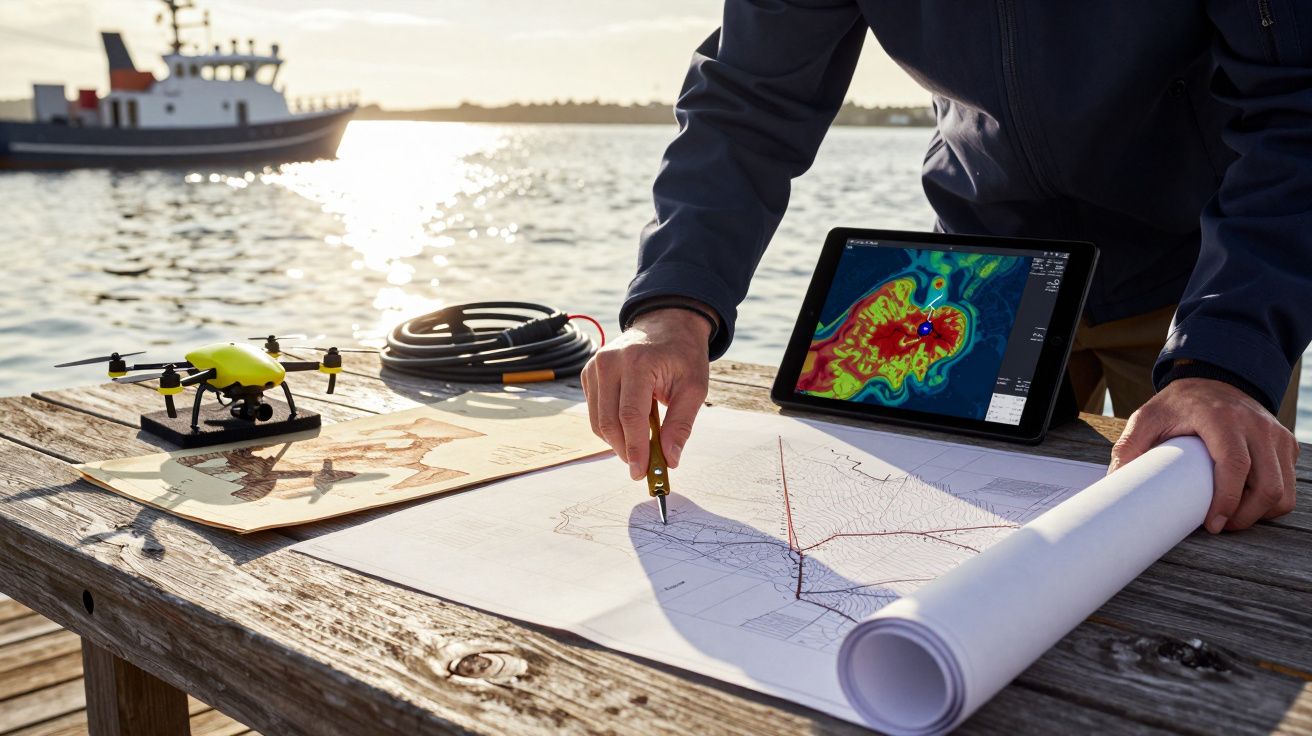 Persona usando mapas y una tableta junto a un dron en un muelle, con barco en el agua al fondo.