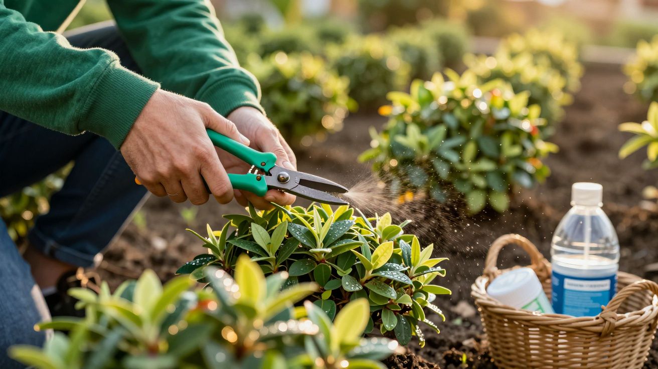Persona podando arbustos con tijeras de jardinería, junto a una cesta y una botella de agua sobre la tierra.