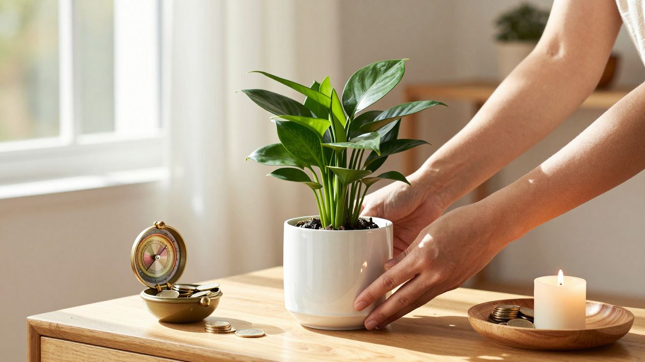 Manos ajustando una planta en maceta blanca sobre mesa de madera, cerca de una vela encendida y una brújula.