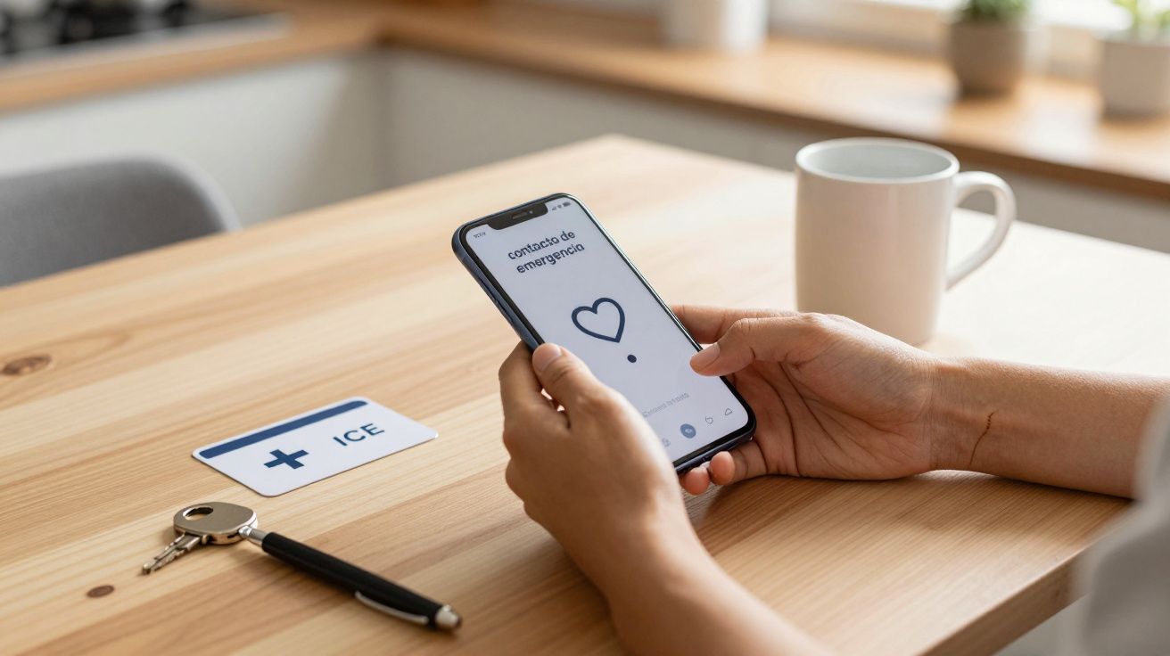 Persona usando un móvil en modo emergencia; cerca hay una tarjeta con llave y cafetera.