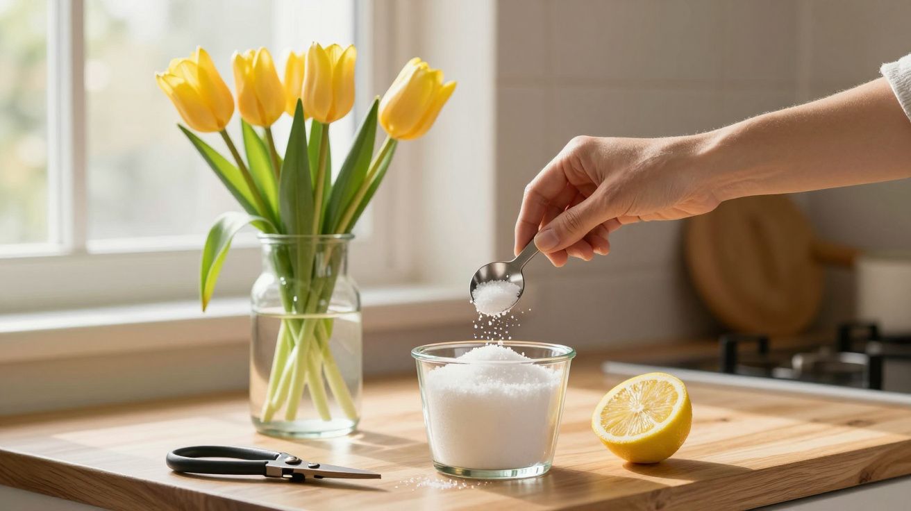 Mano agregando azúcar en tazón de vidrio, junto a tulipanes y medio limón sobre encimera de cocina iluminada.