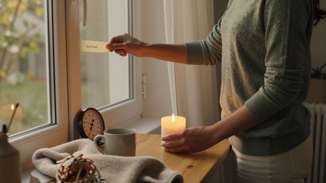 Persona junto a una ventana encendiendo una vela sobre una mesa, con una taza, reloj y paño al lado.
