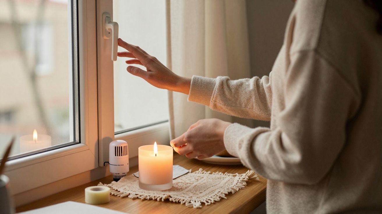 Persona encendiendo una vela al lado de una ventana abierta en una habitación acogedora con cortinas blancas.