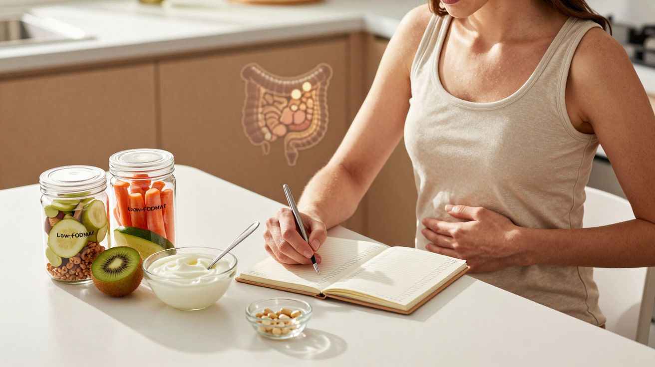 Mujer tocando su abdomen mientras escribe en un cuaderno, con alimentos y suplementos sobre la mesa.