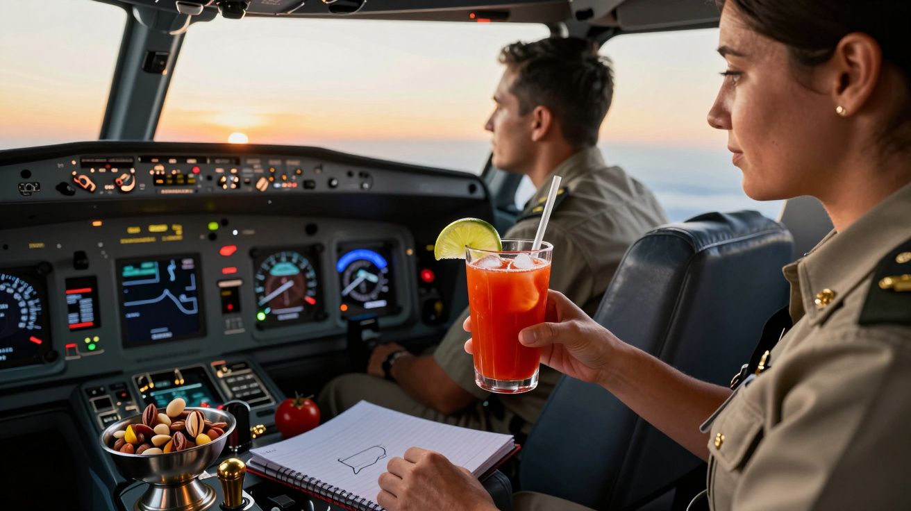 Piloto y copiloto en cabina de avión al atardecer; uno sostiene bebida con lima.