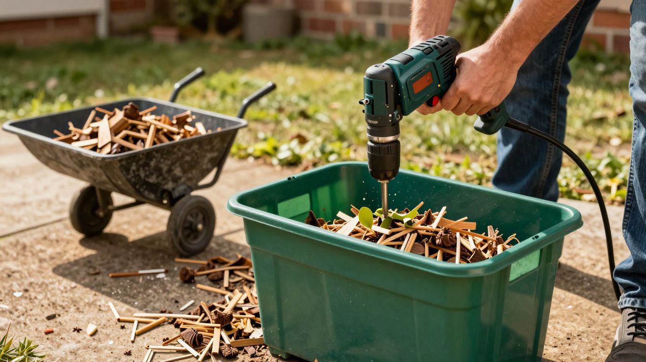 Persona taladrando madera en una caja de plástico verde mientras una carretilla recoge restos al fondo.