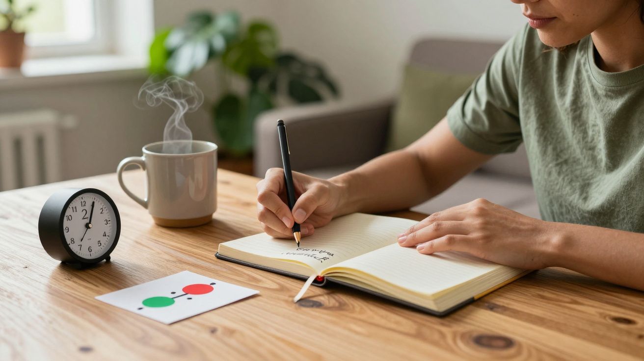Persona escribiendo en un cuaderno en una mesa de madera, junto a una taza de café, un reloj y una tarjeta.