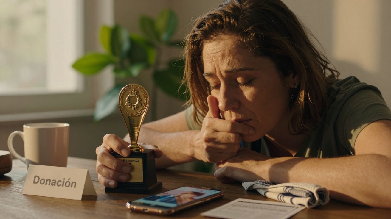 Mujer pensativa sostiene un trofeo, junto a una taza y un cartel de "Donación"; un móvil y papeles en la mesa.