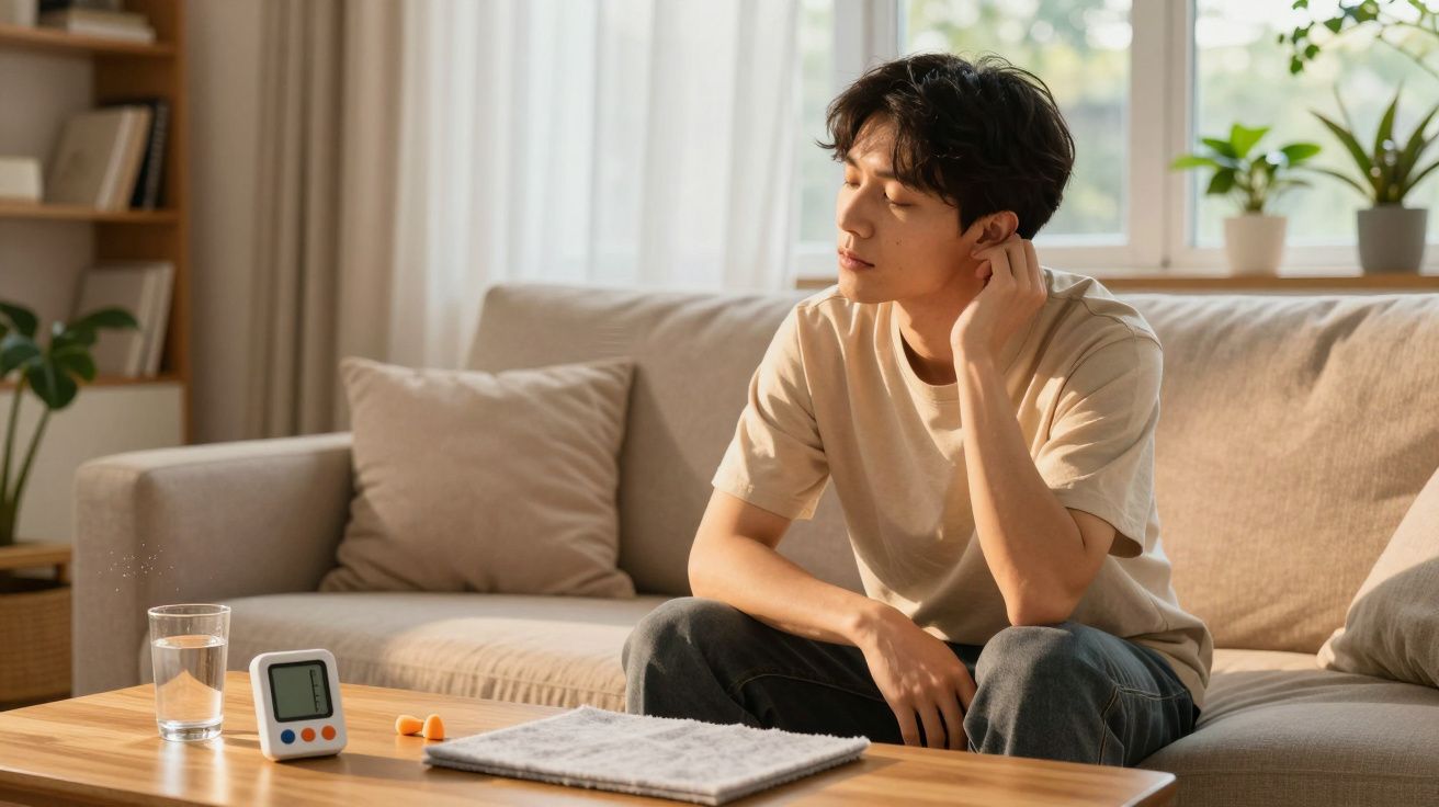 Persona sentada en un sofá en una sala luminosa, al lado de una mesa con un vaso de agua y un termómetro digital.