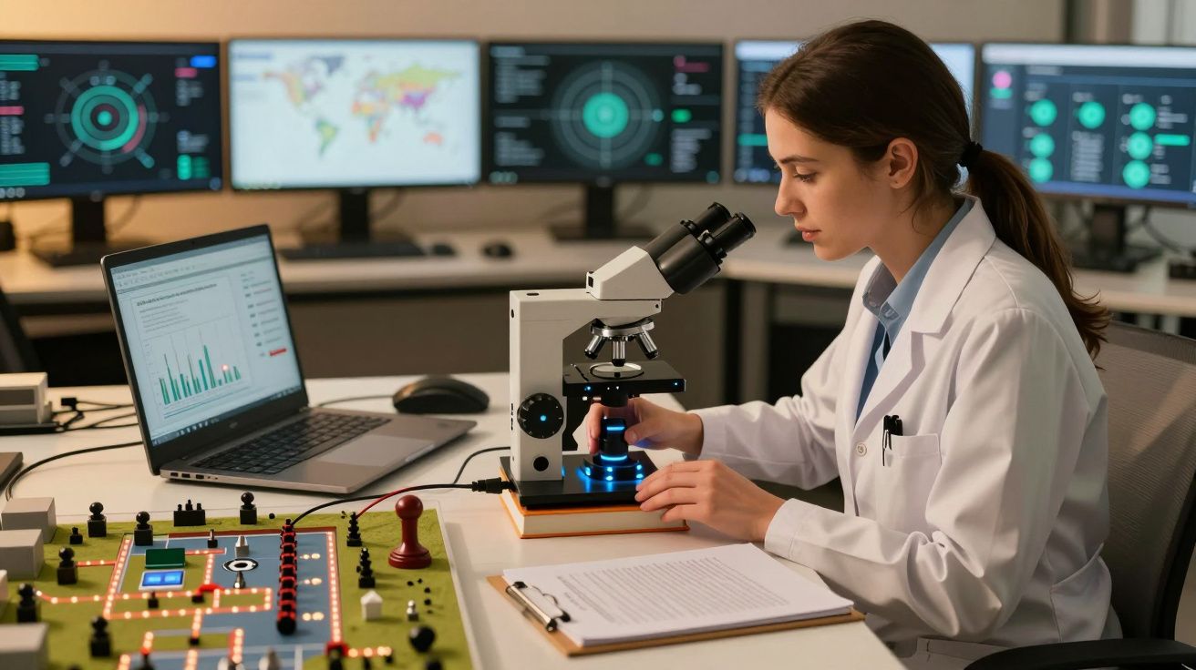 Mujer en bata de laboratorio observando un microscopio, con ordenadores y gráficos en segundo plano.