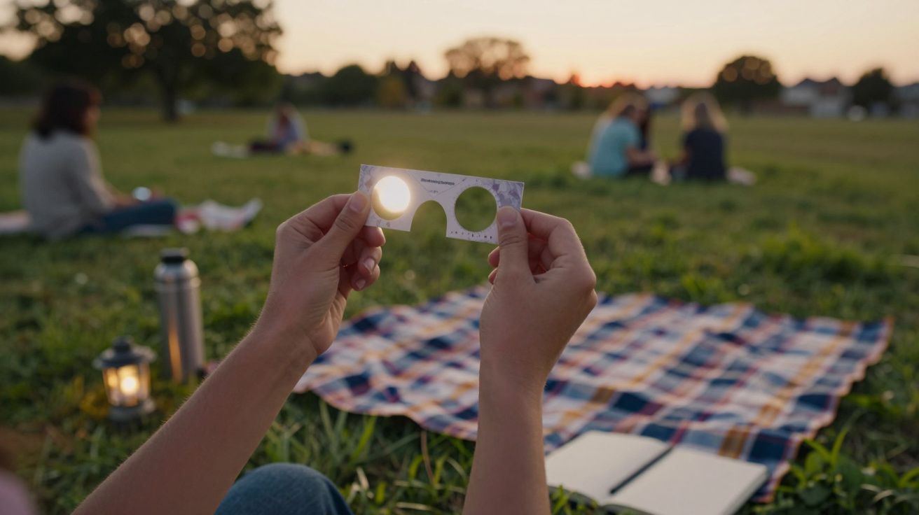 Persona sosteniendo un filtro solar en un parque durante el atardecer, sobre una manta a cuadros, con más personas al fondo.