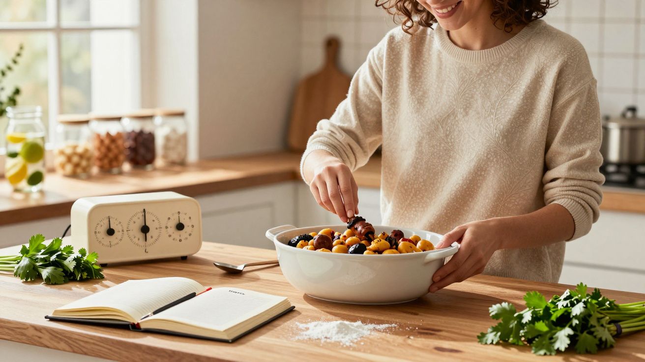 Mujer cocinando en la cocina, mezclando frutas en un bol grande sobre la encimera de madera con hierbas y un libro abierto.