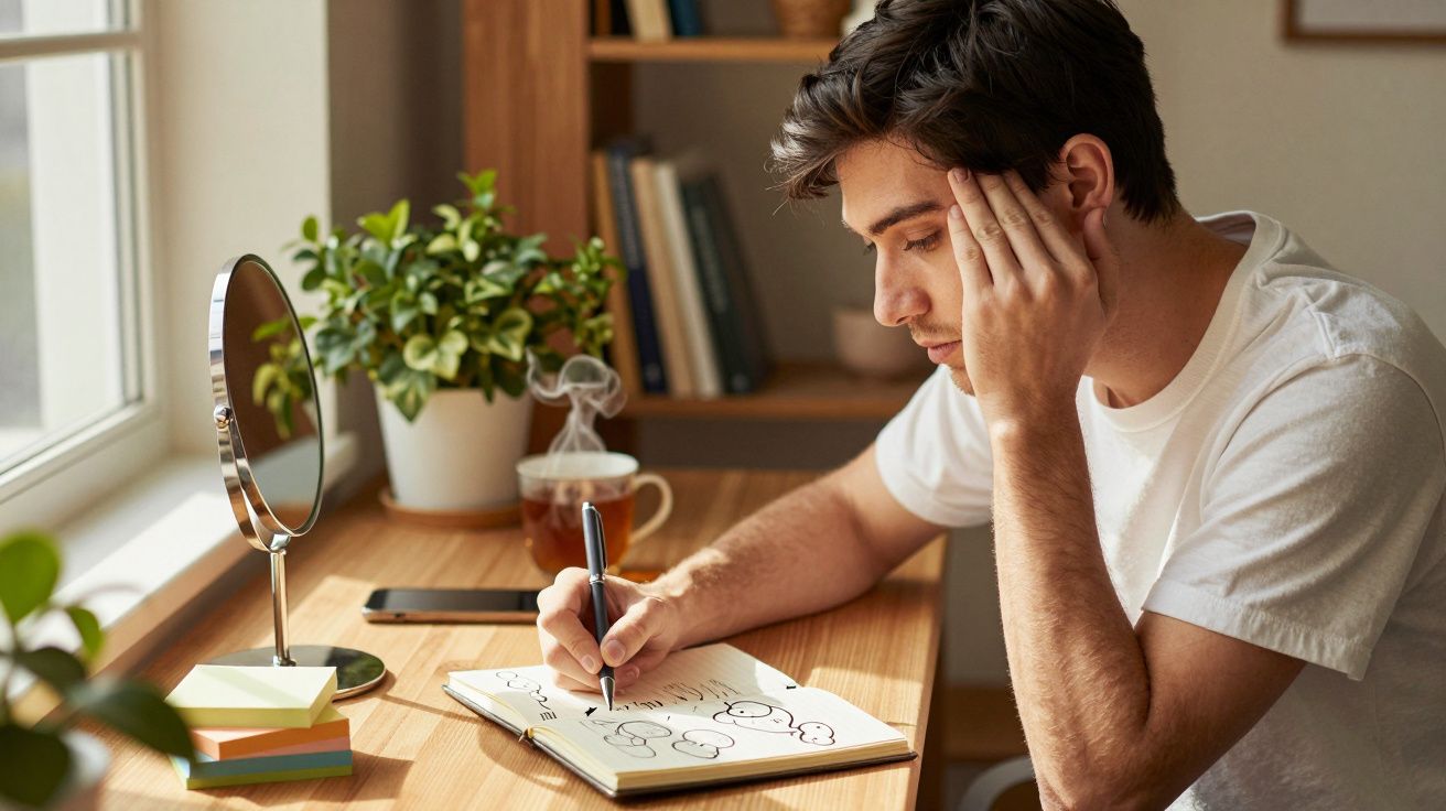 Joven concentrado escribiendo en un cuaderno en su escritorio, junto a una ventana con plantas y una taza de té.