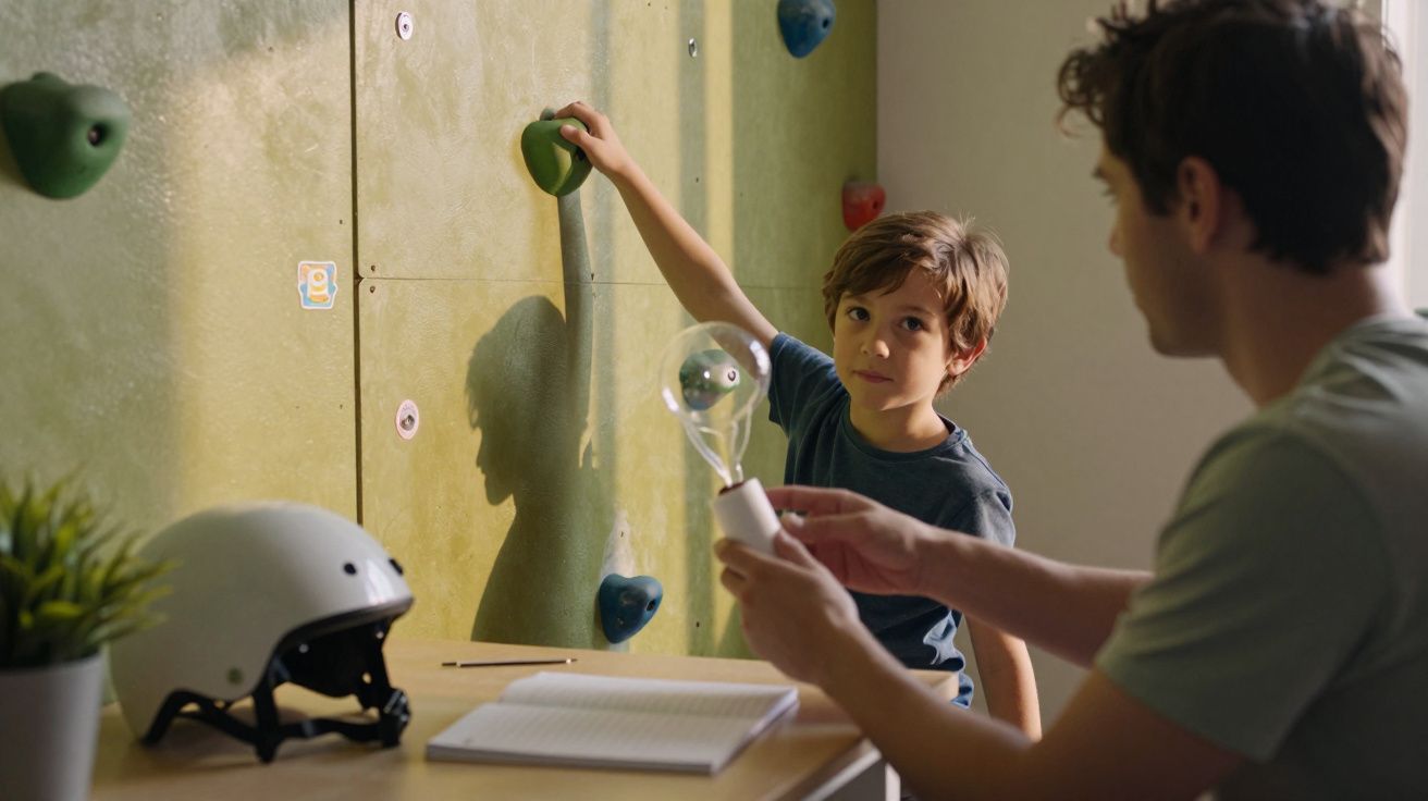 Niño practica escalada en pared de interior con un adulto sosteniendo una bombilla. Casco y libreta en la mesa.
