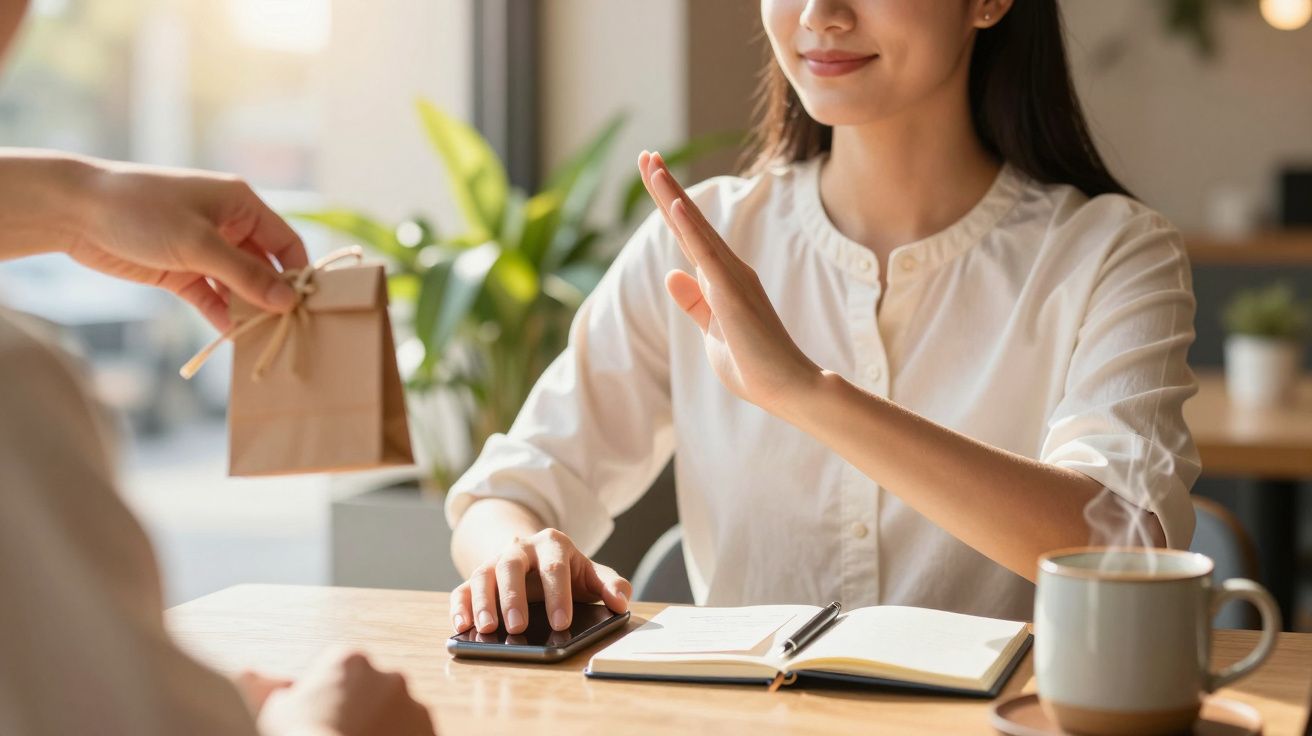 Mujer gesticulando "no" mientras le ofrecen un regalo en una cafetería; taza de café y cuaderno en la mesa.
