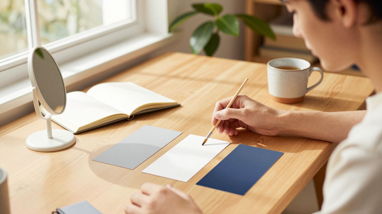 Persona eligiendo colores en tarjetas sobre mesa de madera, con taza y espejo, junto a una ventana iluminada.