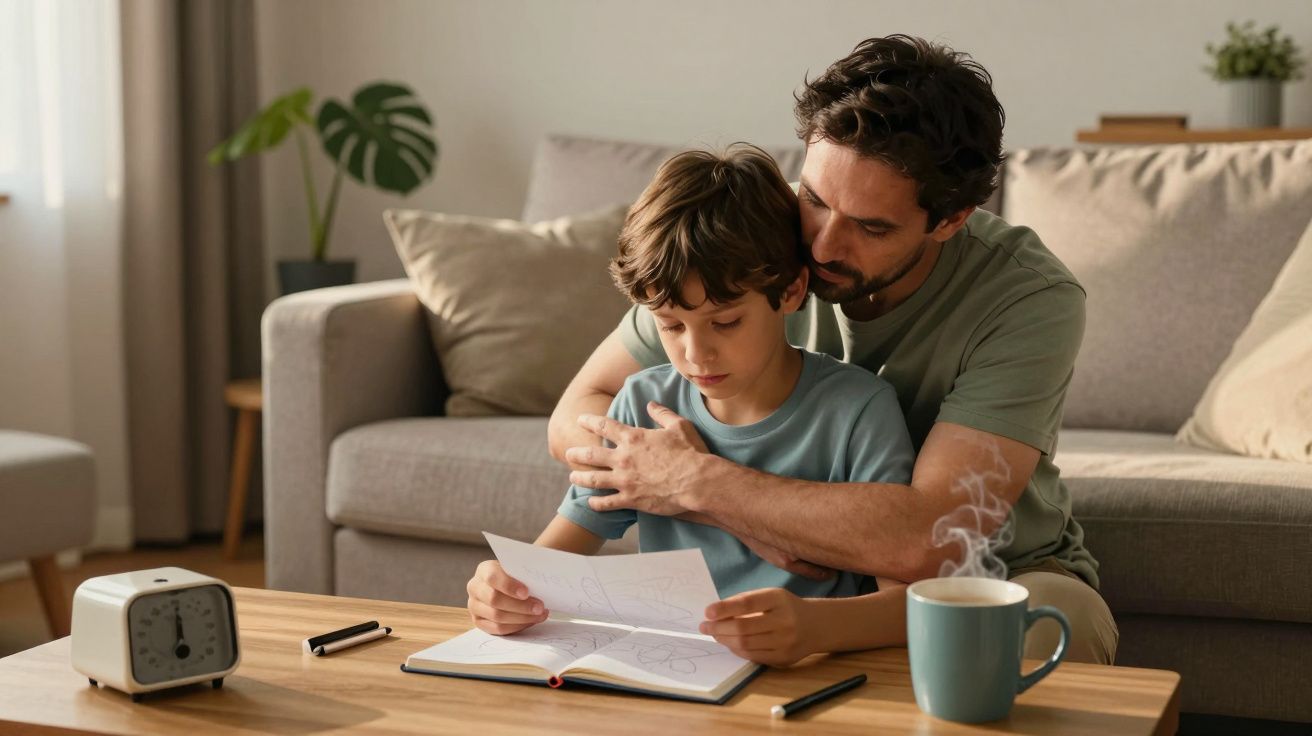 Hombre abraza a un niño mientras miran un dibujo. Están sentados en un sofá con una taza de café y un reloj en la mesa.