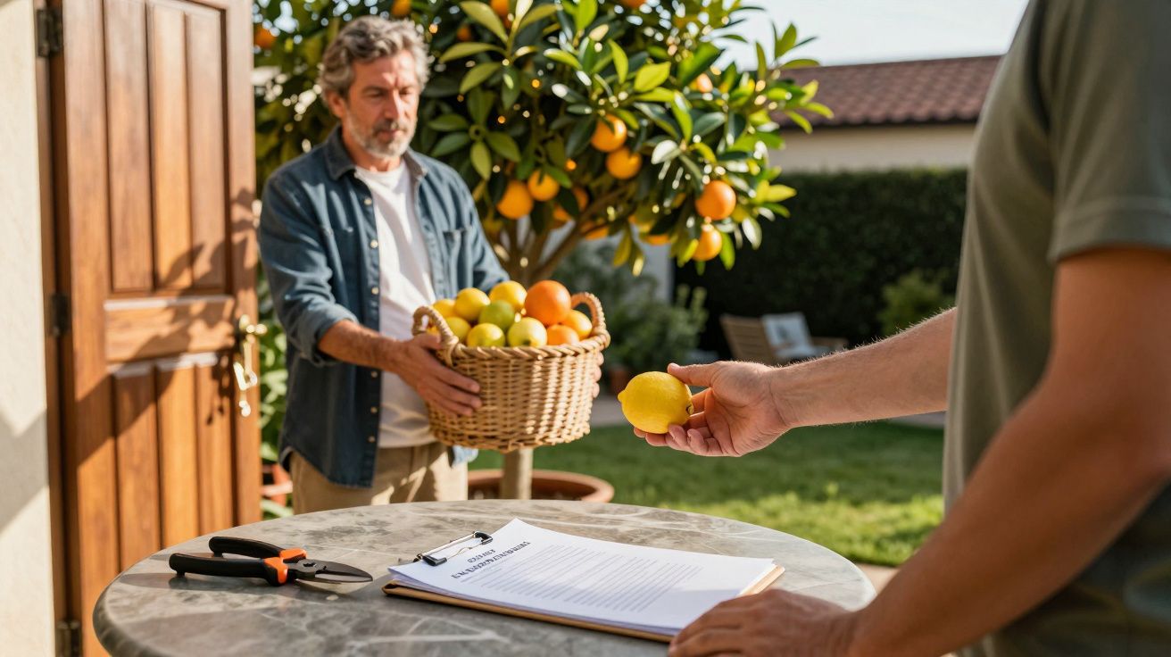 Hombre mayor con canasta de cítricos en el jardín, otro hombre sostiene un limón. Tijeras y documentos sobre la mesa.