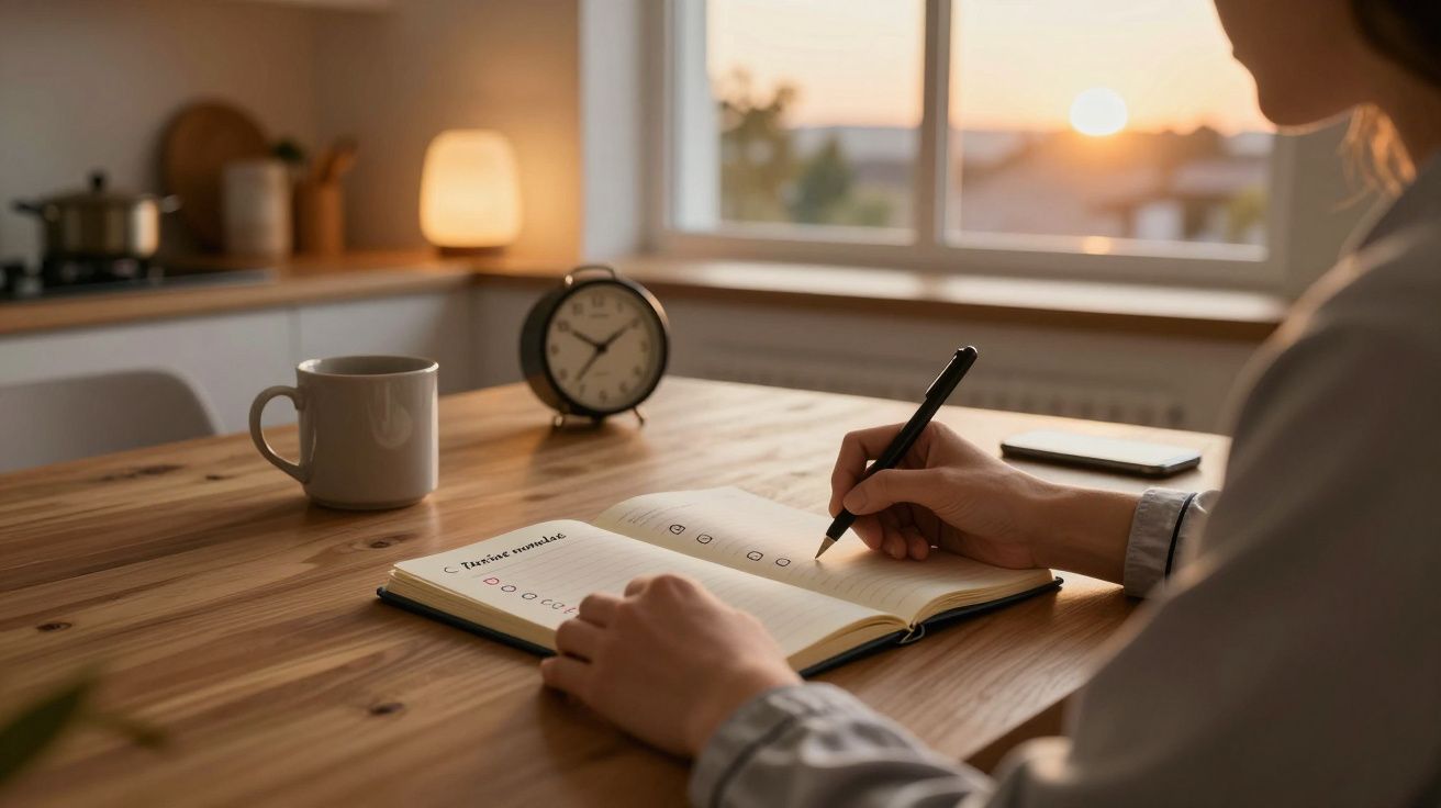 Persona escribiendo en un diario sobre una mesa de madera, con taza, reloj despertador y ventana con vista al atardecer.