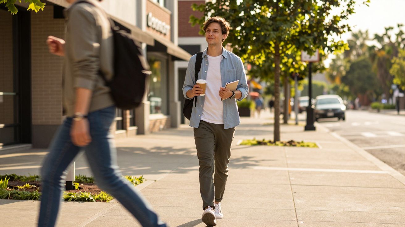 Joven caminando por la acera con café y cuaderno en mano. Otro peatón pasa mientras autos están aparcados al fondo.