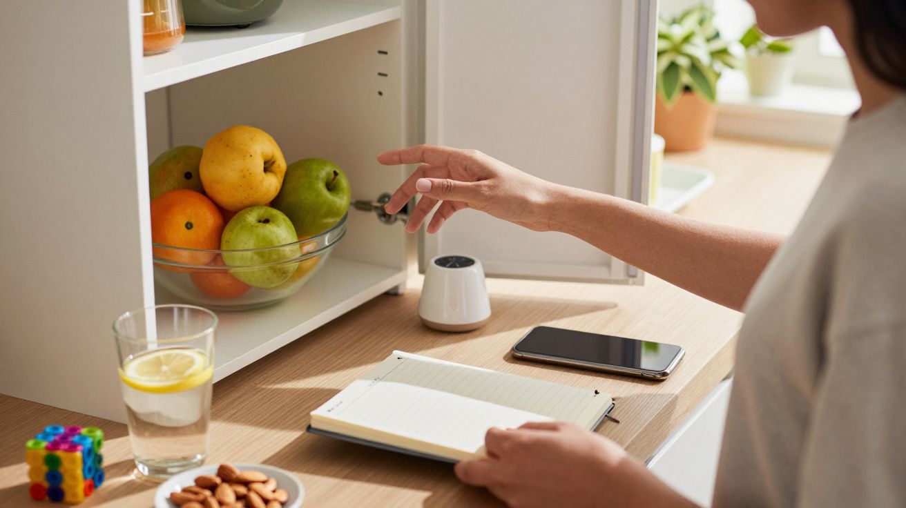Persona cogiendo fruta de un armario en la cocina, junto a una libreta, móvil y vaso de agua con limón sobre la mesa.