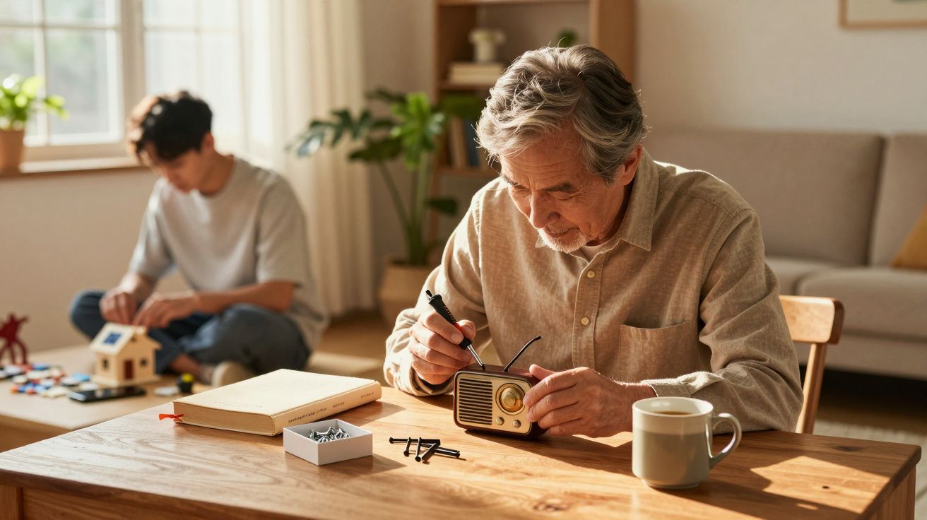 Hombre mayor reparando una radio en una mesa; hombre joven construyendo una maqueta de casa al fondo.