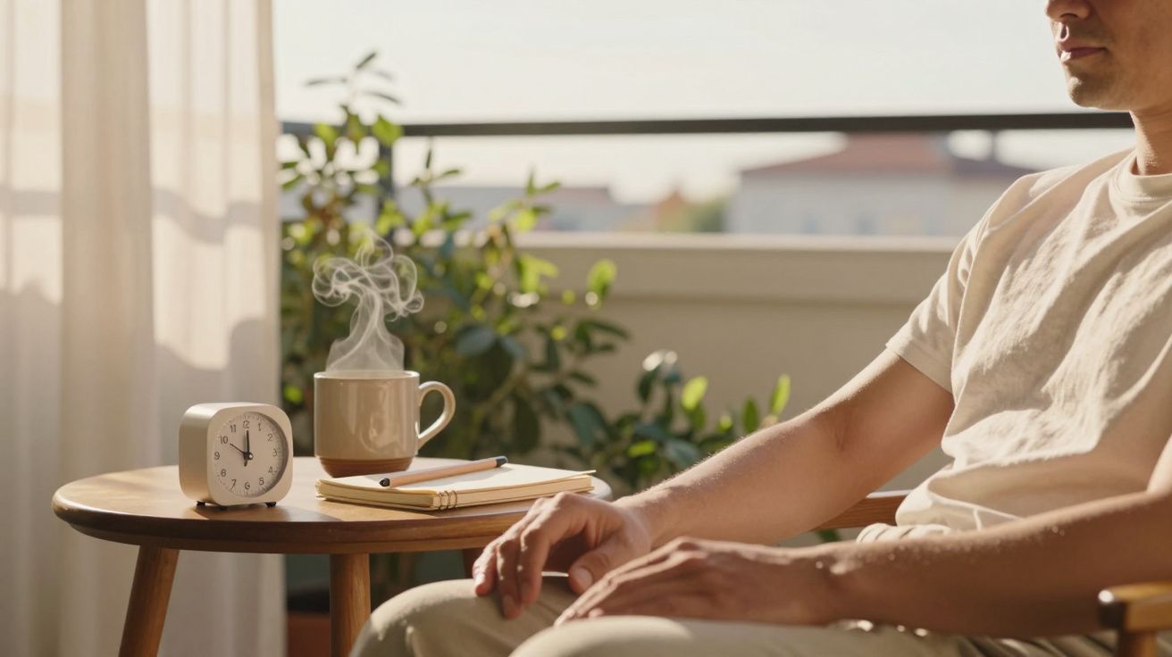 Hombre sentado junto a mesa con taza humeante, despertador y cuaderno, en una terraza soleada con plantas.