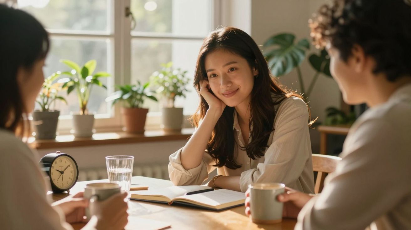 Tres personas conversan en una mesa con tazas de café, un cuaderno y plantas al fondo cerca de la ventana.