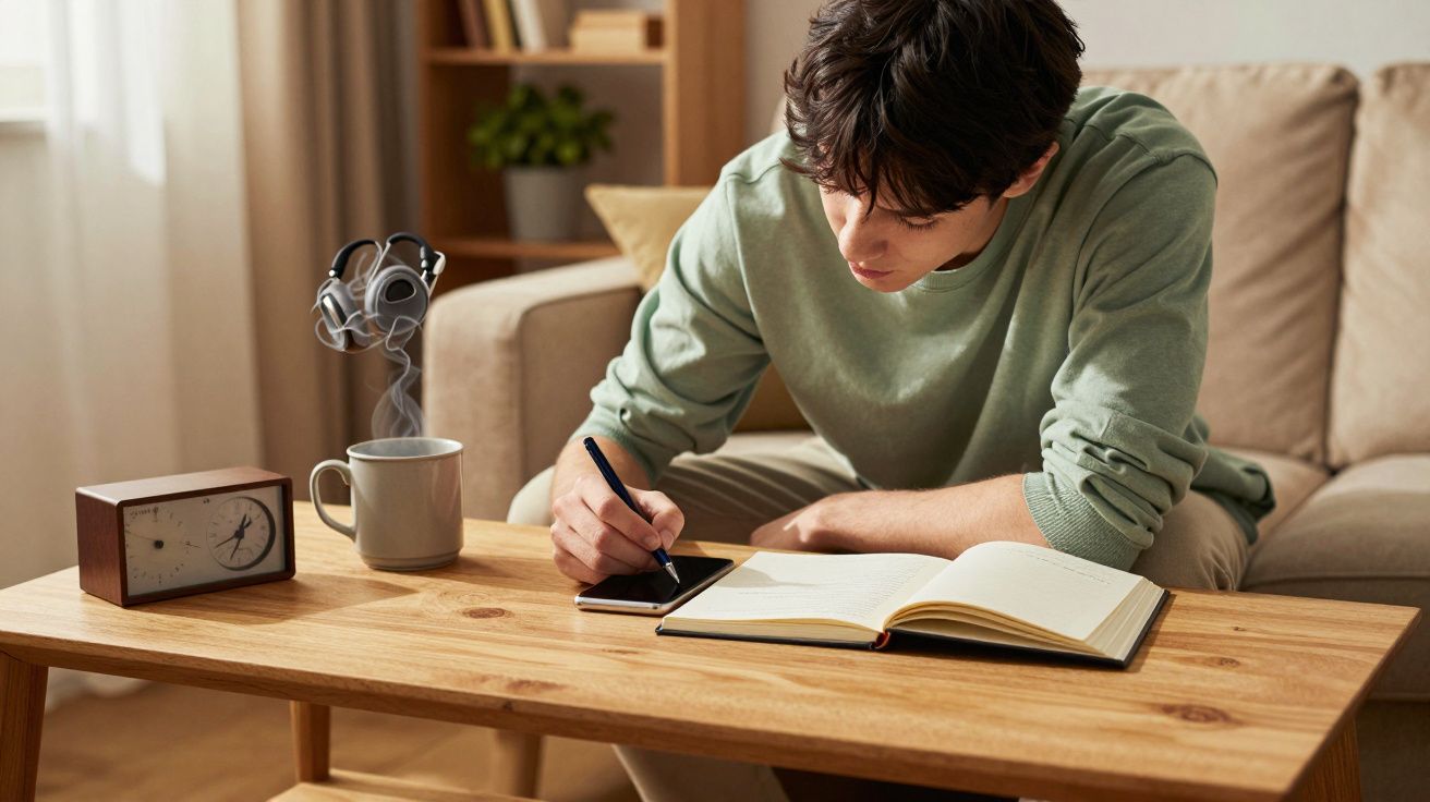 Hombre sentado en un sofá escribiendo en un cuaderno sobre una mesa de madera, con una taza y auriculares cerca.
