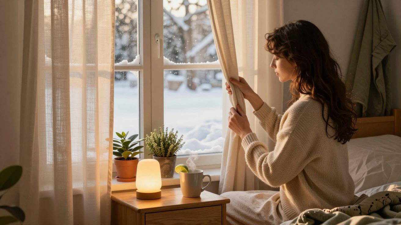Mujer mirando por la ventana nevada, con una taza y plantas al lado de una lámpara en su mesita de noche.
