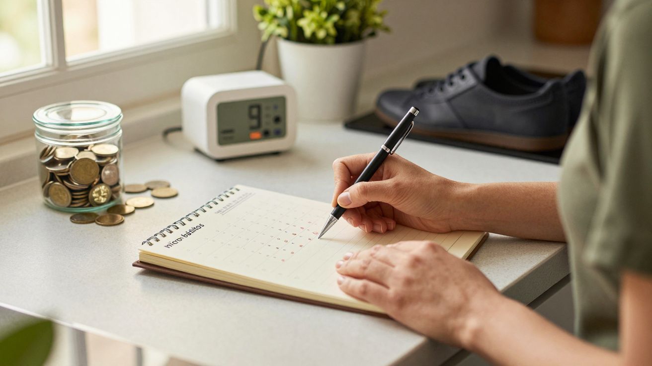 Persona escribiendo en un calendario sobre un escritorio con monedas, reloj, zapatos y una planta.