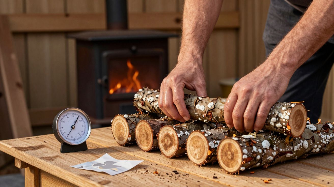 Hombre alineando troncos de madera con hongos en una mesa, medidor de temperatura y estufa de leña al fondo.