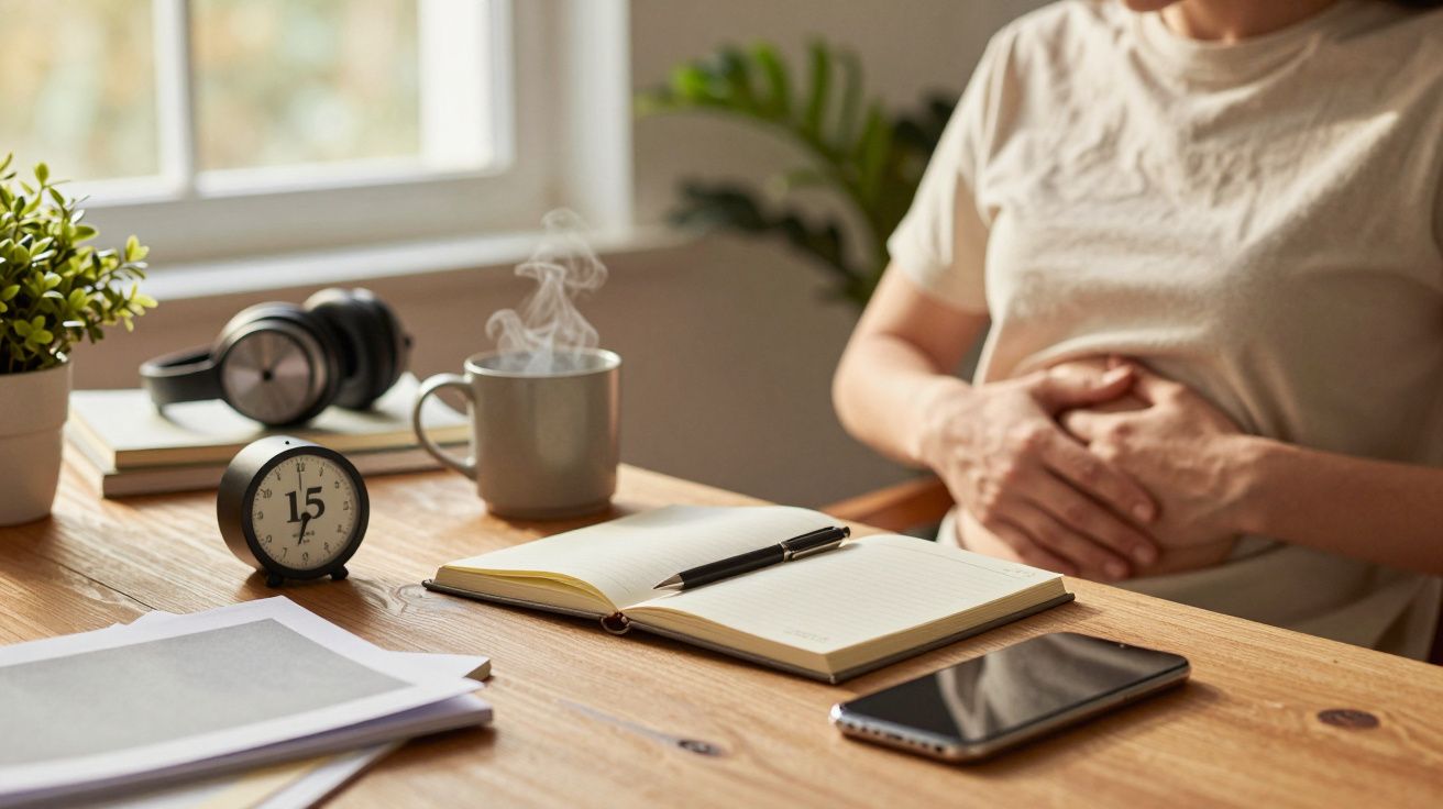 Mujer sosteniendo su abdomen en un escritorio con un cuaderno, taza de café, reloj, auriculares y móvil.