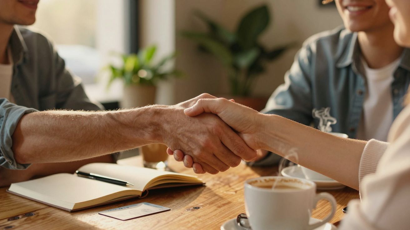 Personas dándose la mano sobre una mesa de café con cuadernos y tazas, simbolizando un acuerdo o reunión amistosa.