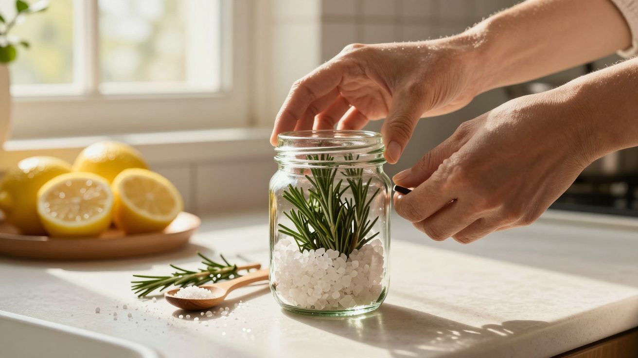 Manos colocando romero en un tarro de cristal con sal, sobre encimera con limones al fondo, iluminado por luz natural.