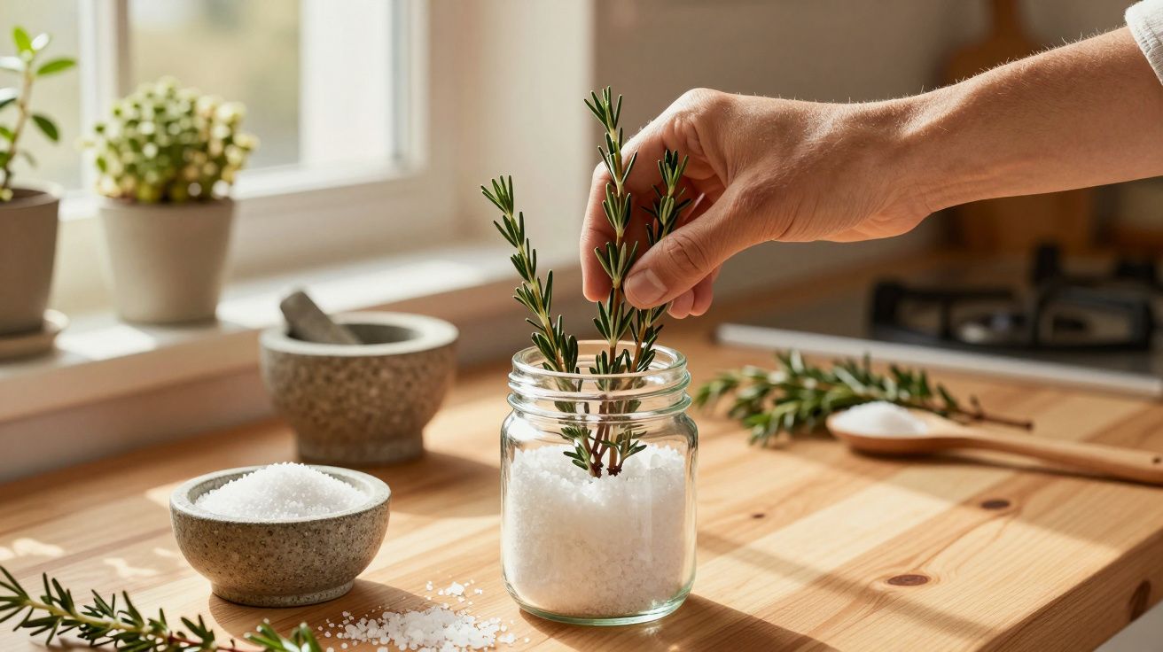 Mano colocando rama de romero en tarro de sal sobre mesa de cocina iluminada por la luz natural.