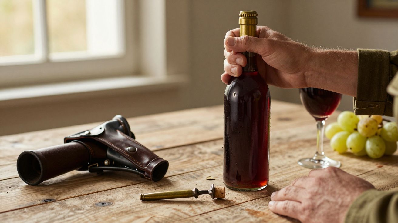 Hombre sosteniendo botella de vino en mesa de madera con pistola y uvas, junto a una copa de vino tinto.