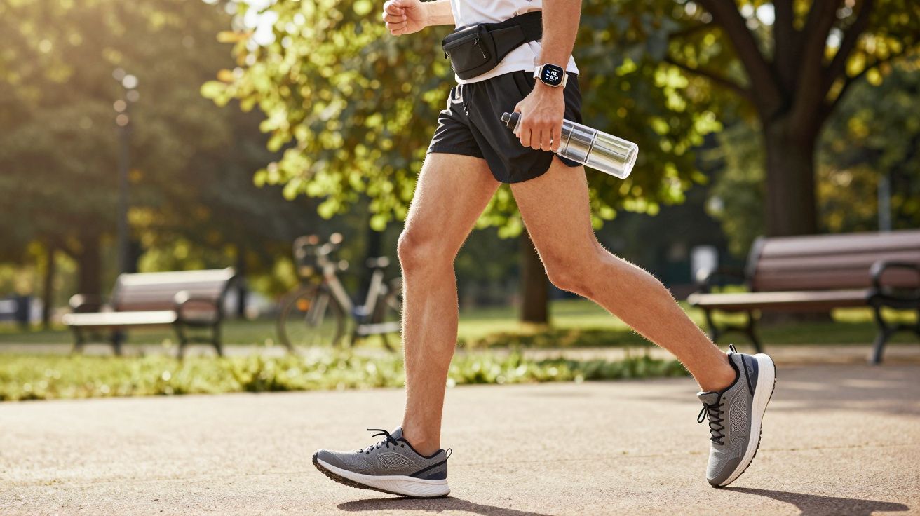 Persona corriendo en un parque, llevando una botella y con reloj inteligente en la muñeca, rodeado de árboles y bancos.