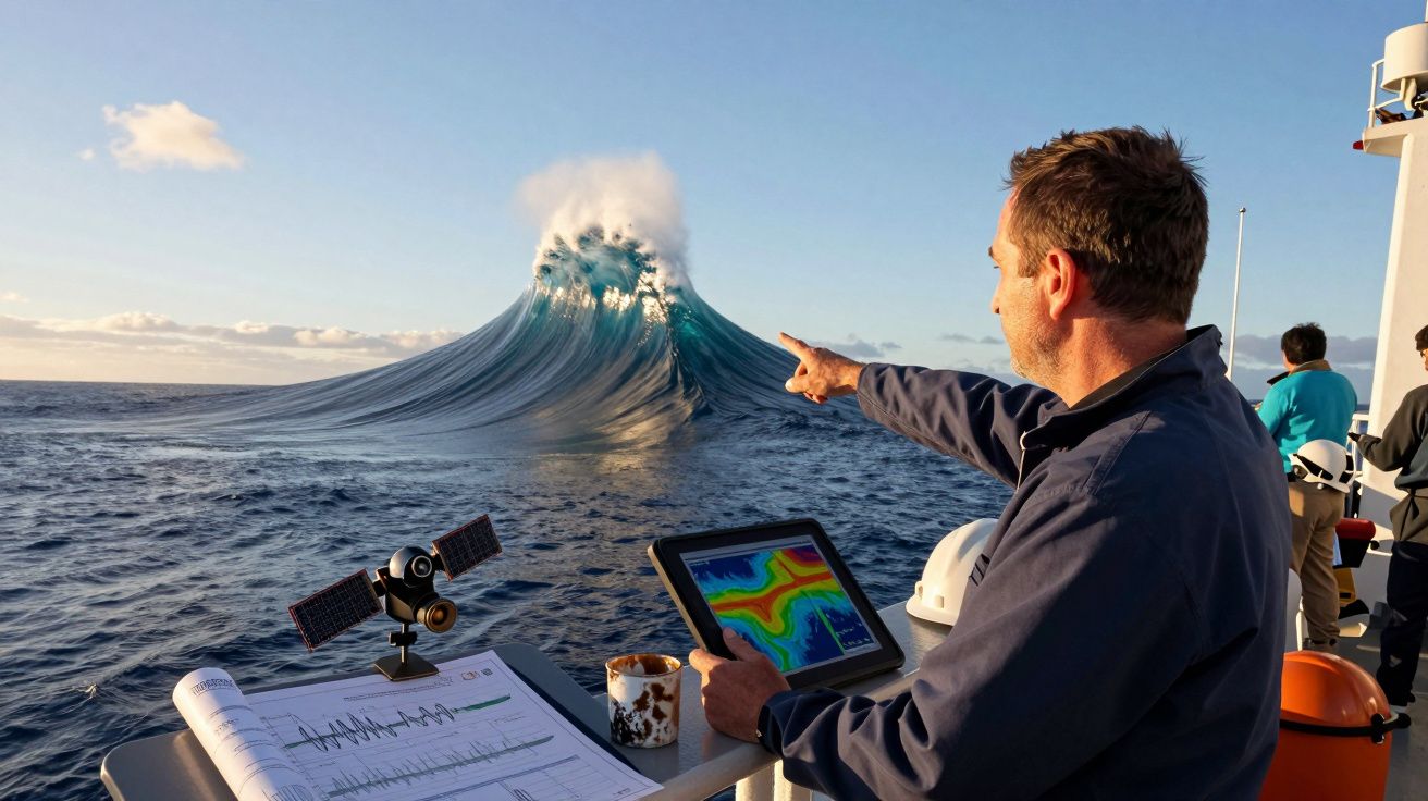 Hombre en barco observando gran ola con tablet y gráficos meteorológicos.