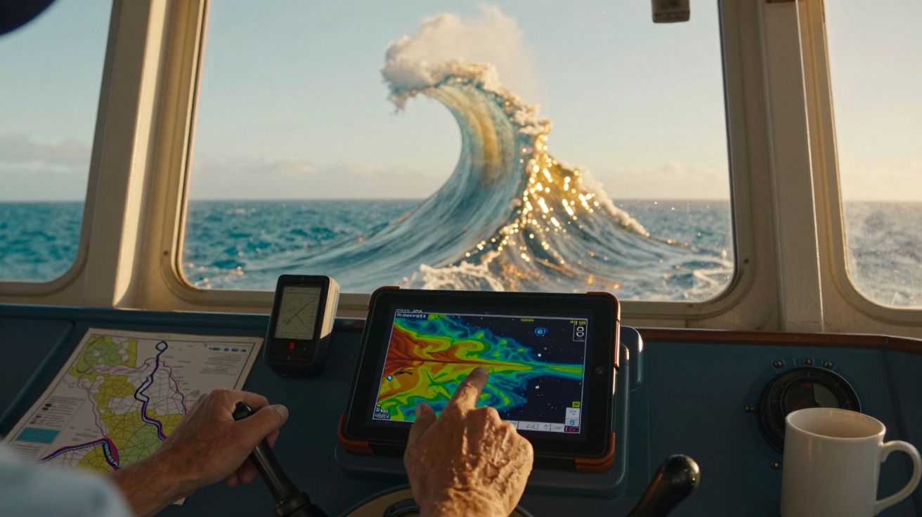 Persona en barco mira ola gigante desde cabina, usando tablet para navegación. Mapa y taza cerca.