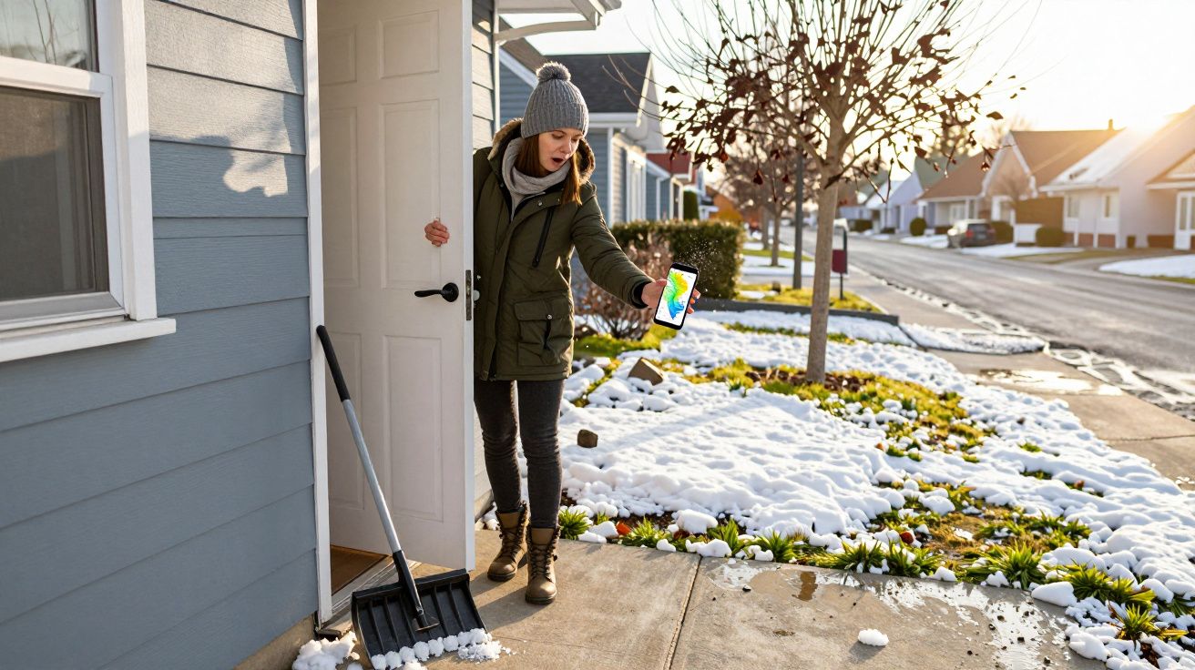 Mujer con abrigo y gorro sale de casa con pala de nieve, sostiene un móvil; paisaje nevado, cielo claro al amanecer.