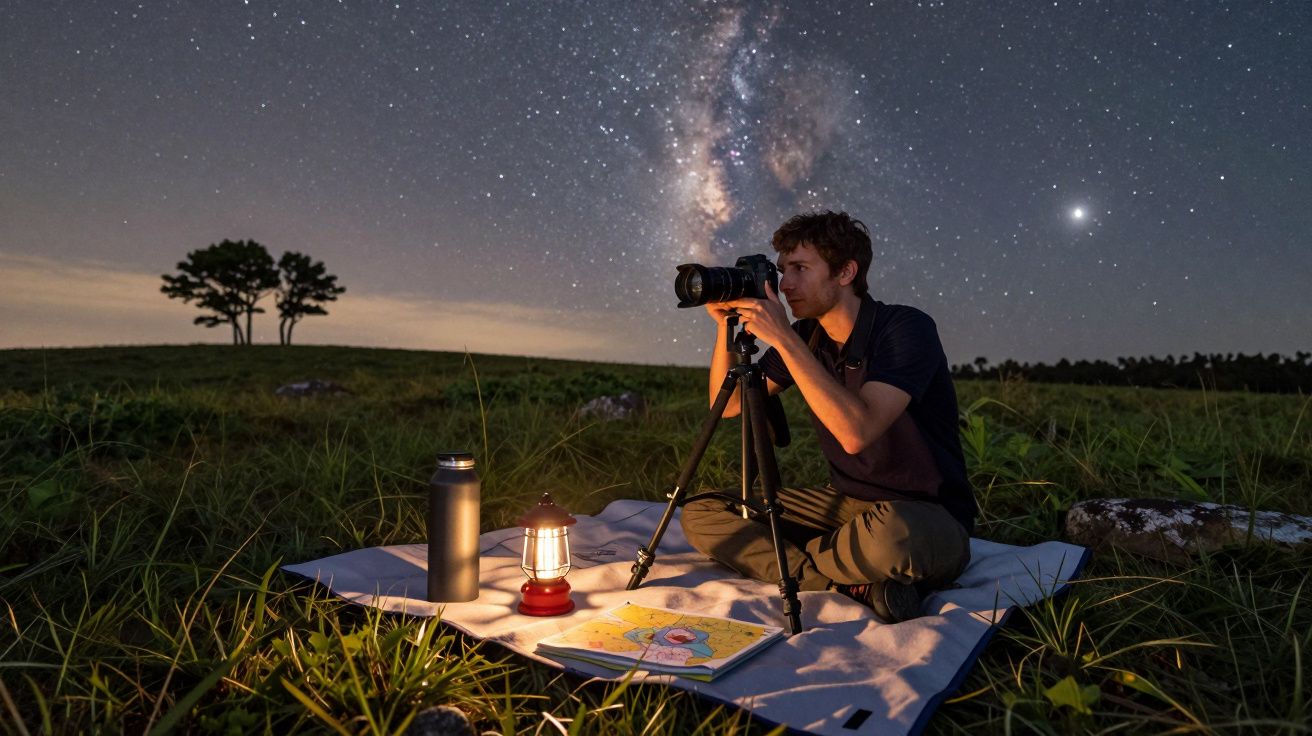 Hombre fotografiando la Vía Láctea desde un campo. Tiene una manta, una linterna y una botella en el suelo.