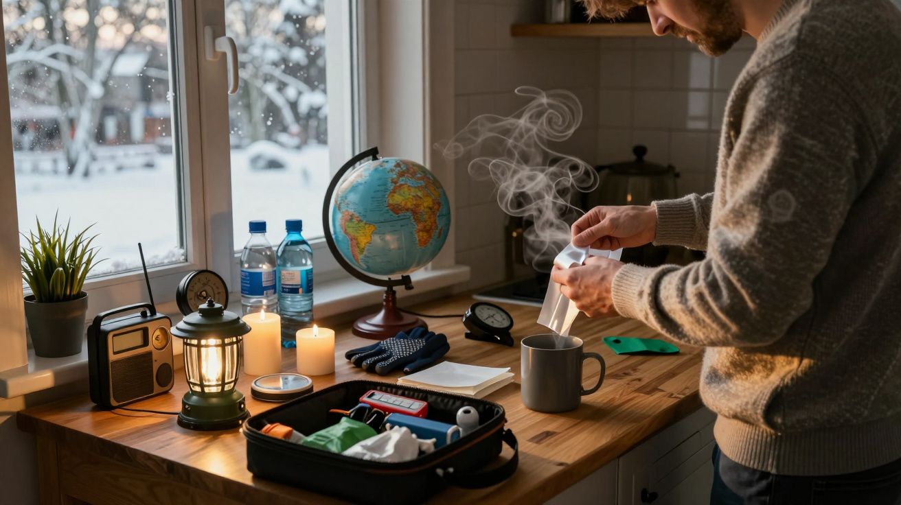 Hombre prepara bebida caliente junto a ventana de cocina, con vista nevada. Hay un globo terráqueo, velas y una linterna.